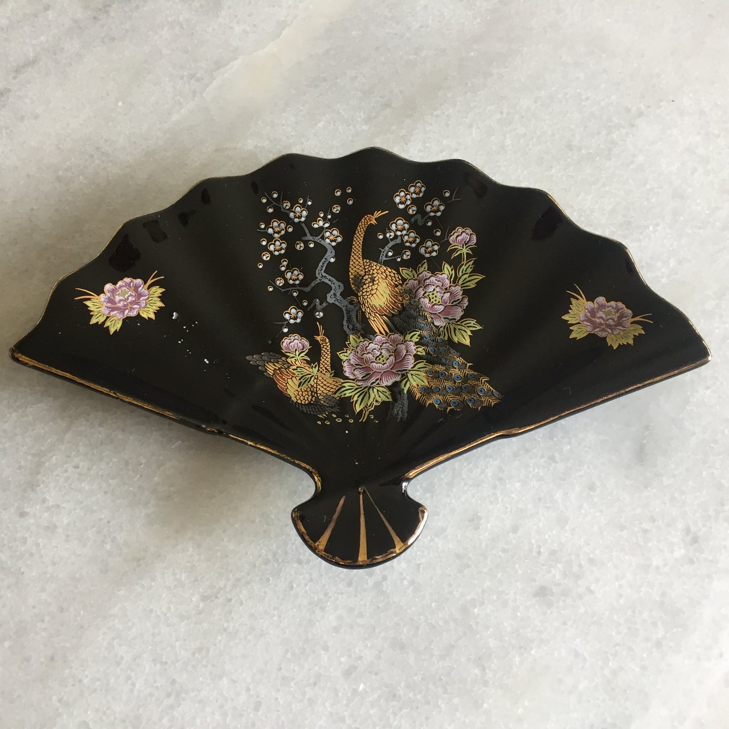 Japanese Porcelain Trinket Plate | Fan Shaped Ring Tray | Oriental Birds, Flowers