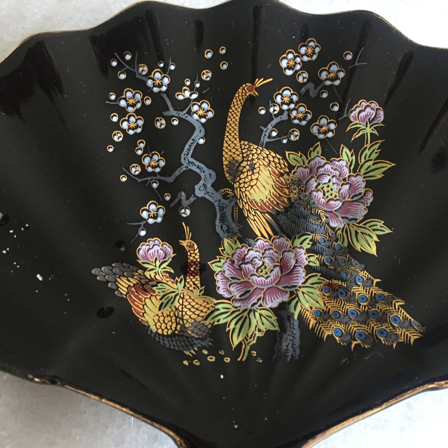 Japanese Porcelain Trinket Plate | Fan Shaped Ring Tray | Oriental Birds, Flowers