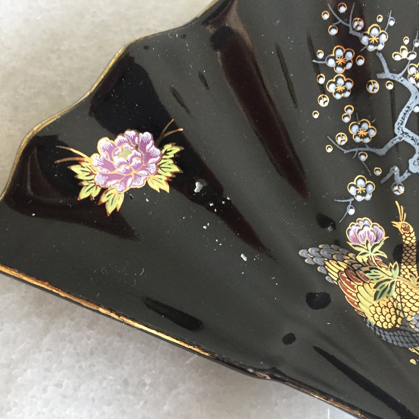 Japanese Porcelain Trinket Plate | Fan Shaped Ring Tray | Oriental Birds, Flowers