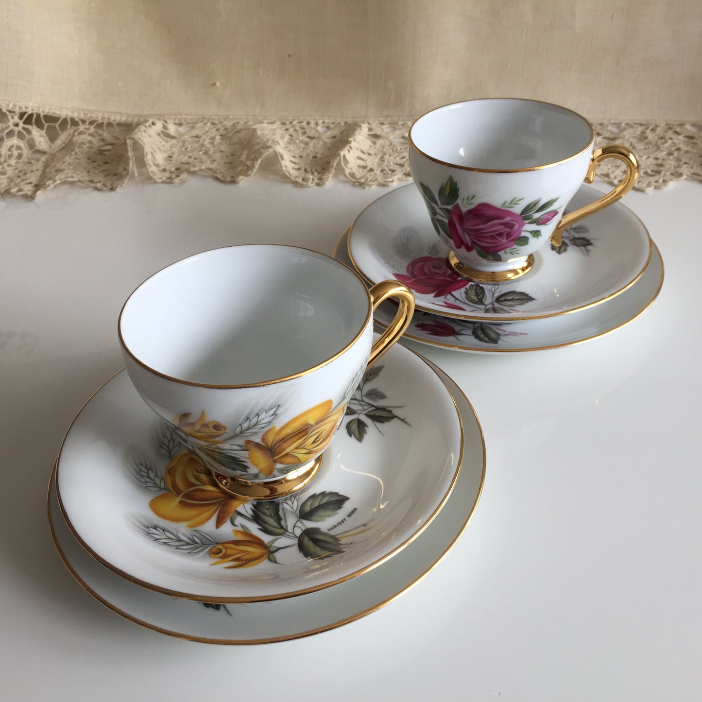 Vintage Porcelain Demitasse Trio with Rose Pattern: Teacup, Saucer & Dessert Plate