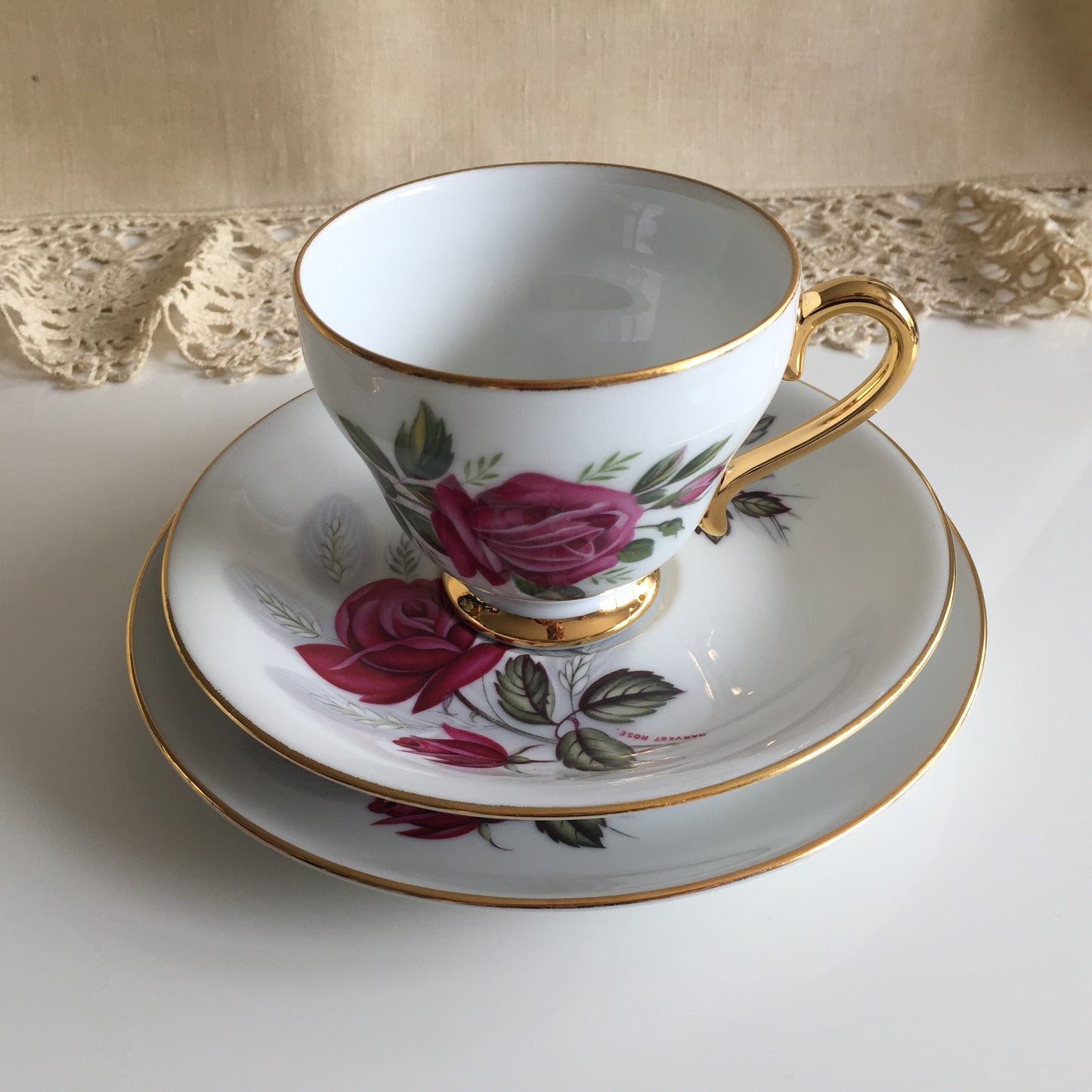 Vintage Porcelain Demitasse Trio with Rose Pattern: Teacup, Saucer & Dessert Plate