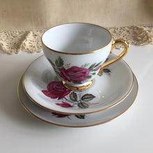Load image into Gallery viewer, Vintage Porcelain Demitasse Trio with Rose Pattern: Teacup, Saucer &amp; Dessert Plate