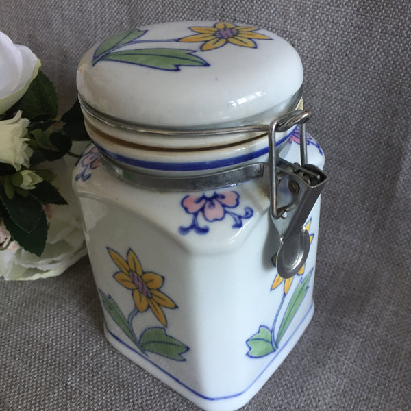 Japanese Vintage Ceramic Tea Canister with Yellow Floral Pattern