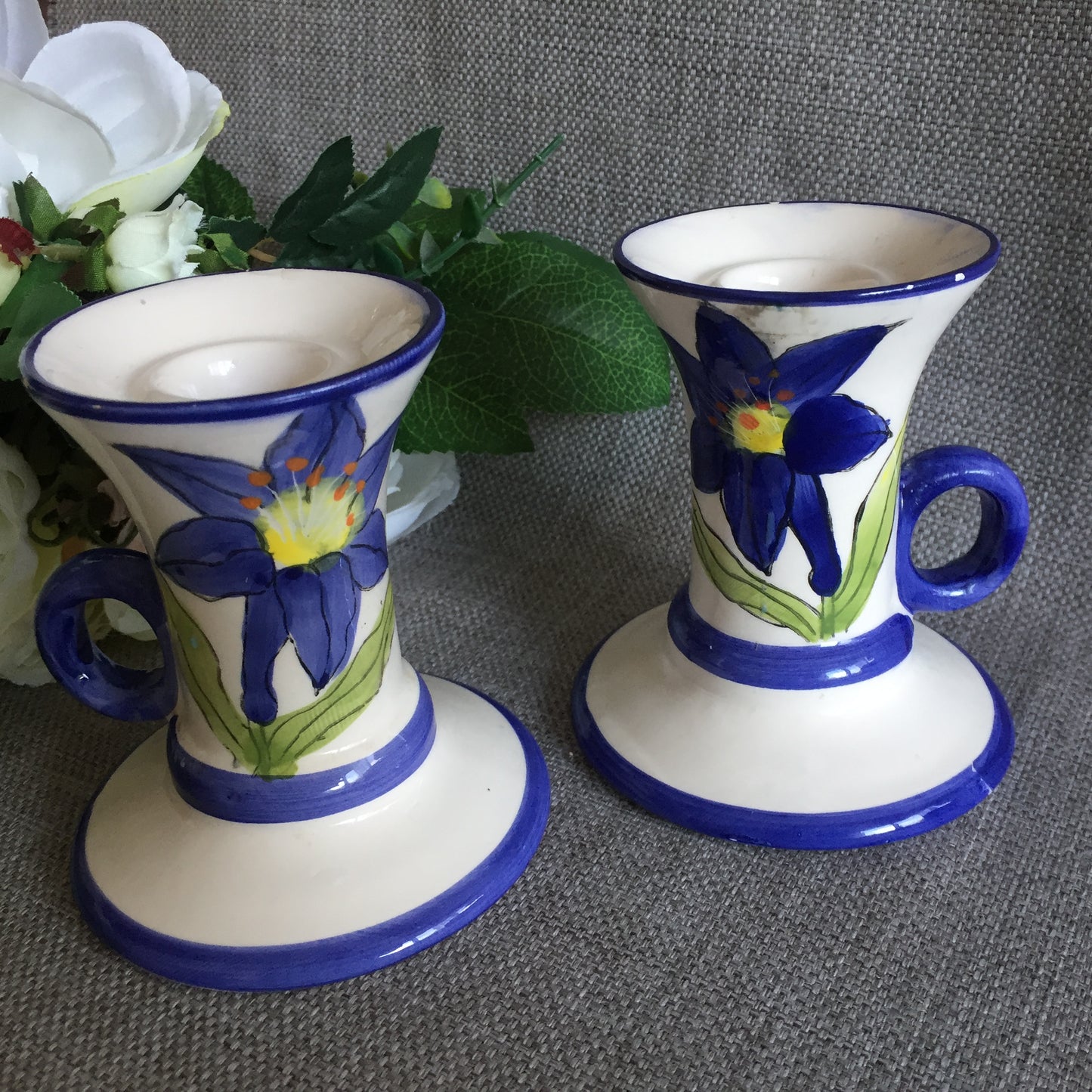 A Pair of Genuine Hand Painted Vintage Ceramic Candle Holders
