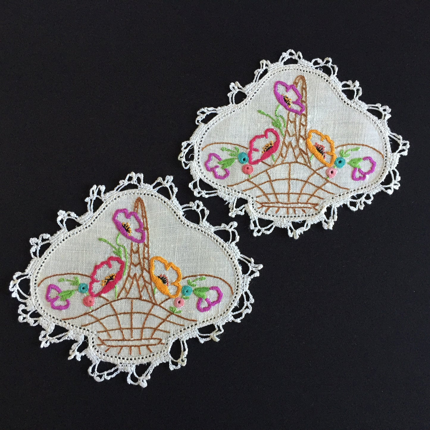 Australian Vintage Hand Embroidered Linen Doily Pair