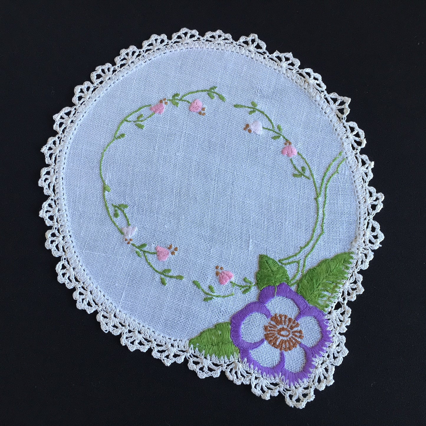 Vintage Hand Embroidered Linen Doily with Crochet Lace Edge