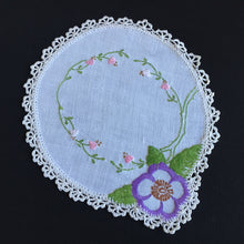 Load image into Gallery viewer, Vintage Hand Embroidered Linen Doily with Crochet Lace Edge
