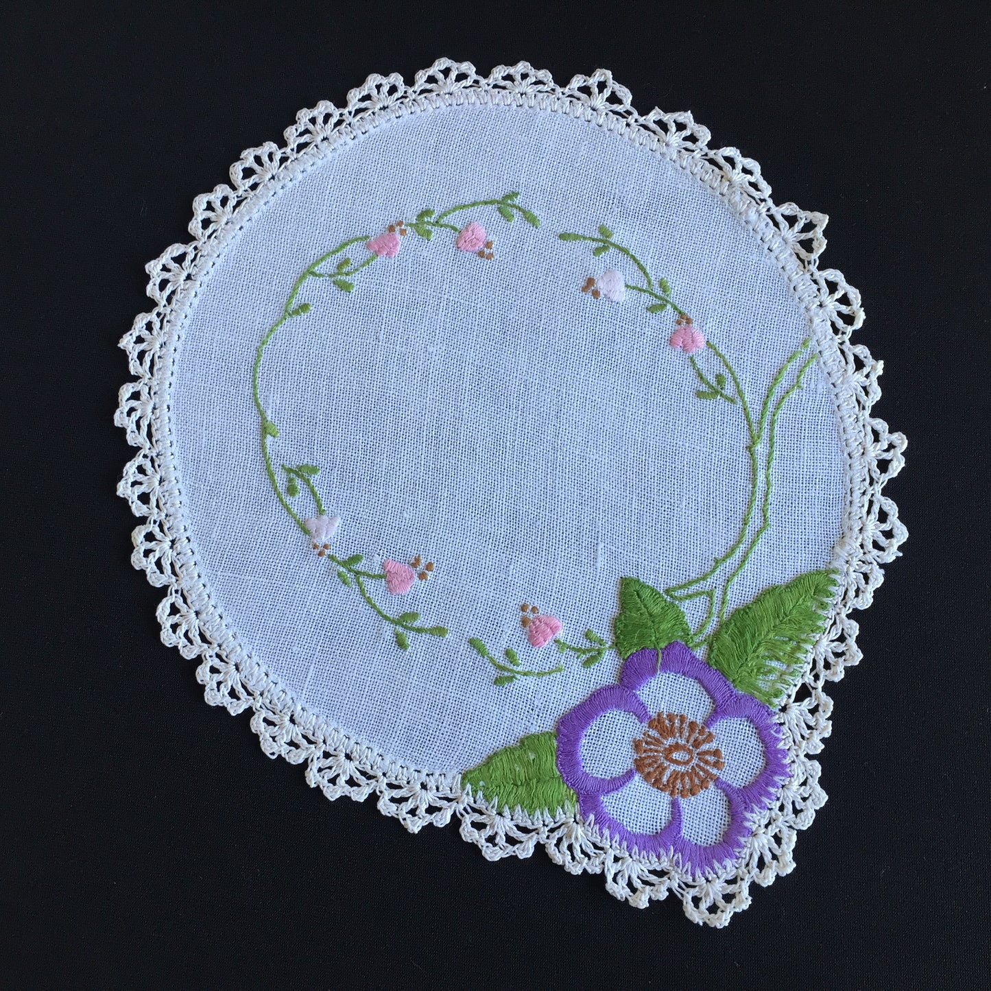 Vintage Hand Embroidered Linen Doily with Crochet Lace Edge