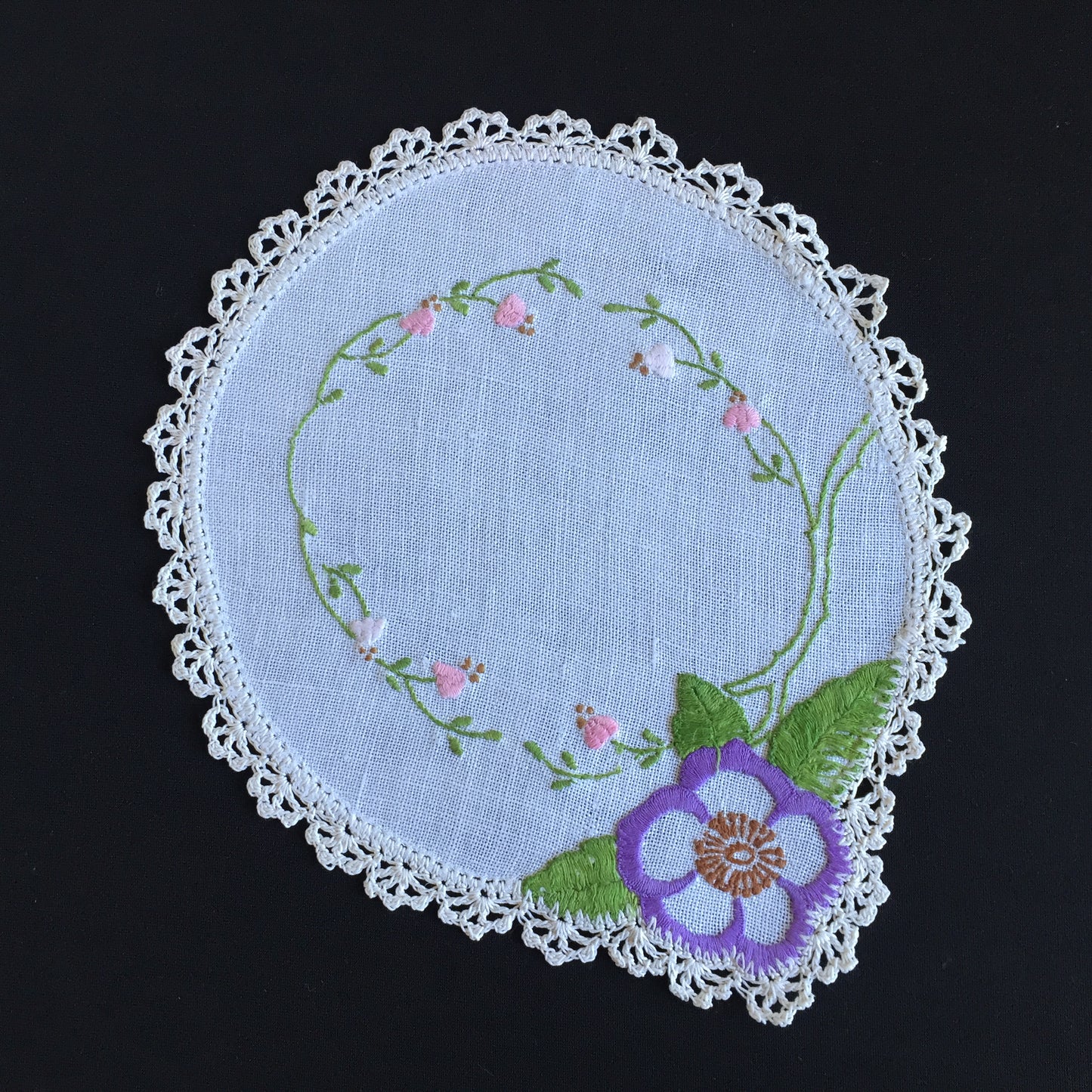 Vintage Hand Embroidered Linen Doily with Crochet Lace Edge