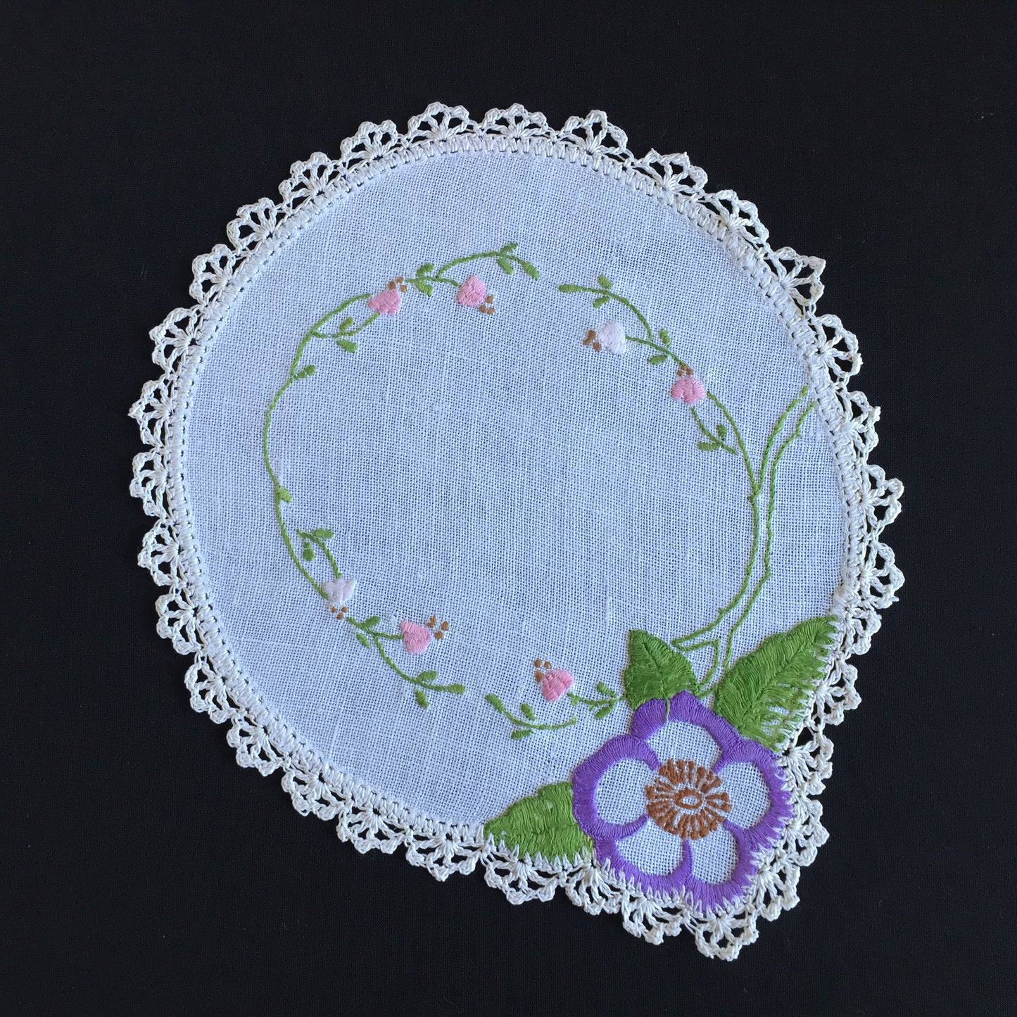 Vintage Hand Embroidered Linen Doily with Crochet Lace Edge