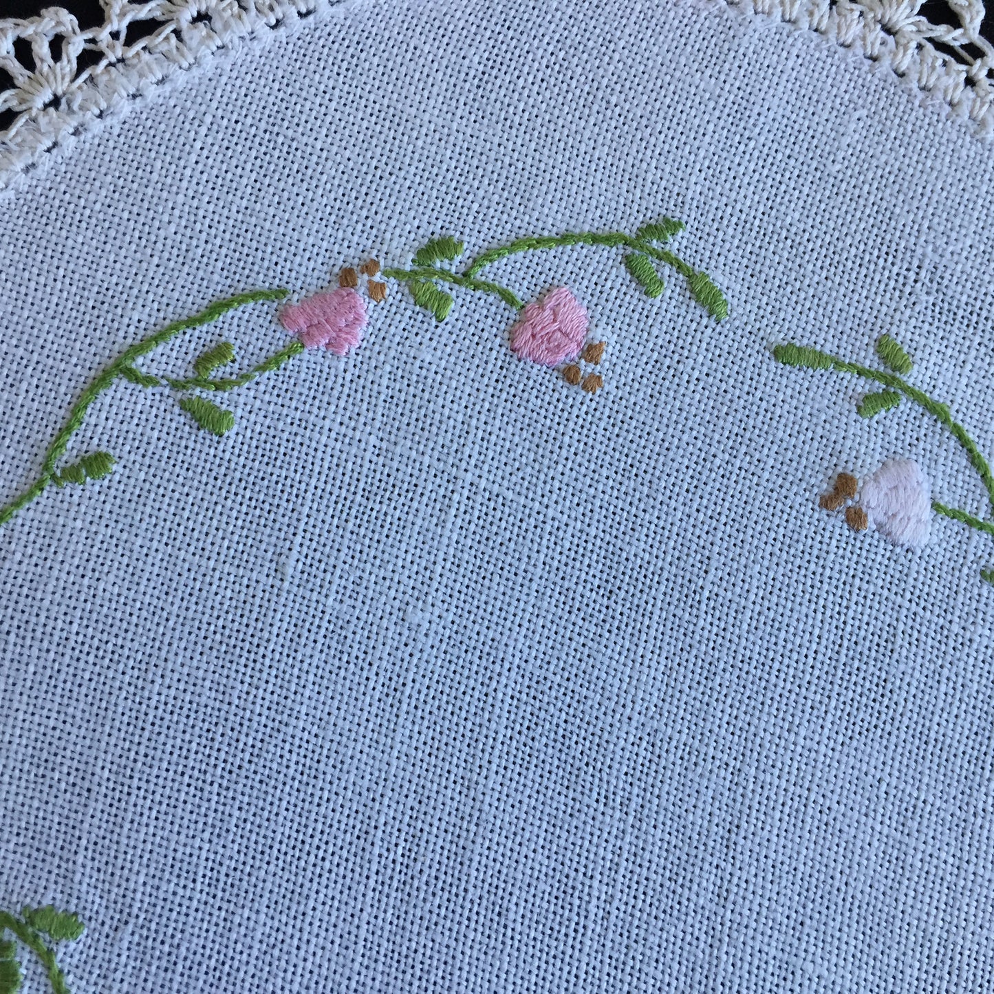 Vintage Hand Embroidered Linen Doily with Crochet Lace Edge