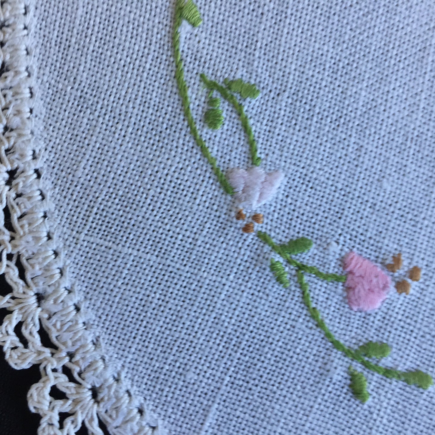 Vintage Hand Embroidered Linen Doily with Crochet Lace Edge