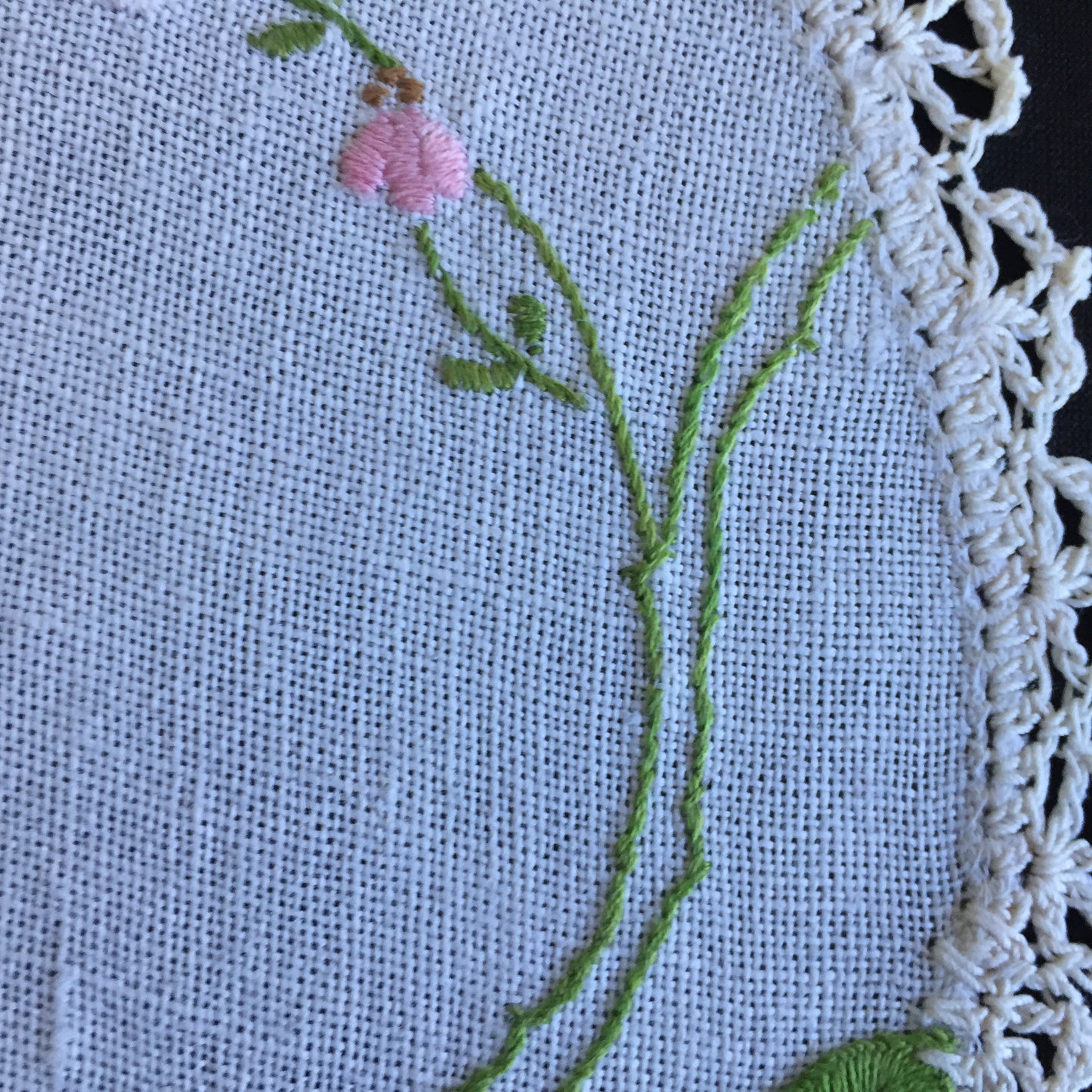 Vintage Hand Embroidered Linen Doily with Crochet Lace Edge