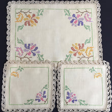 Load image into Gallery viewer, Australian Vintage Hand Embroidered Floral Duchess / Dressing Table Doily Set (3 Piece)