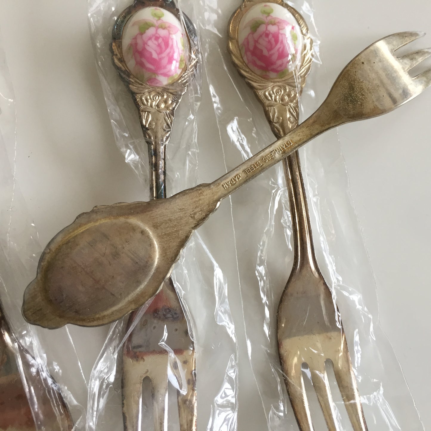 Japanese Stainless Steel Flatware Vintage Set Dessert Forks Cameo Rose Pattern or Plain