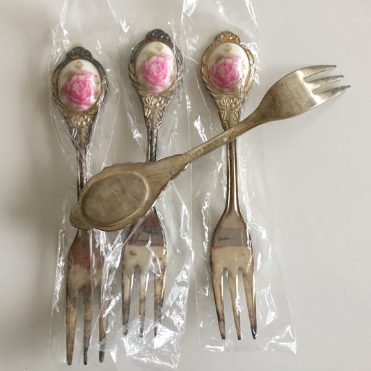 Japanese Stainless Steel Flatware Vintage Set Dessert Forks Cameo Rose Pattern or Plain