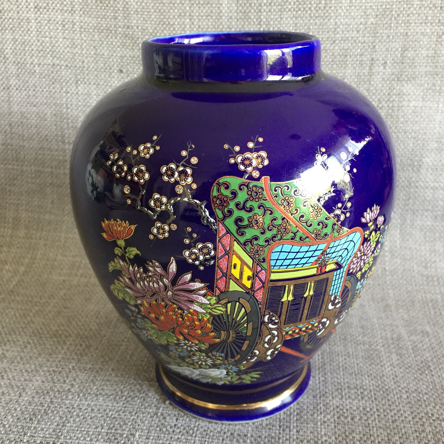 Japanese Vintage Oriental Themed Cobalt Blue Porcelain Vase