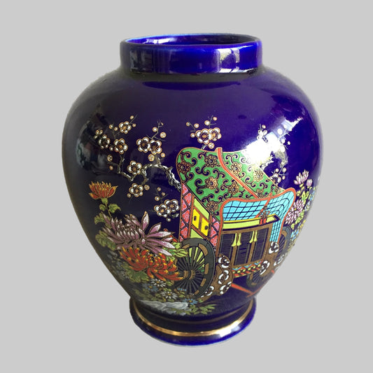 Japanese Vintage Oriental Themed Cobalt Blue Porcelain Vase