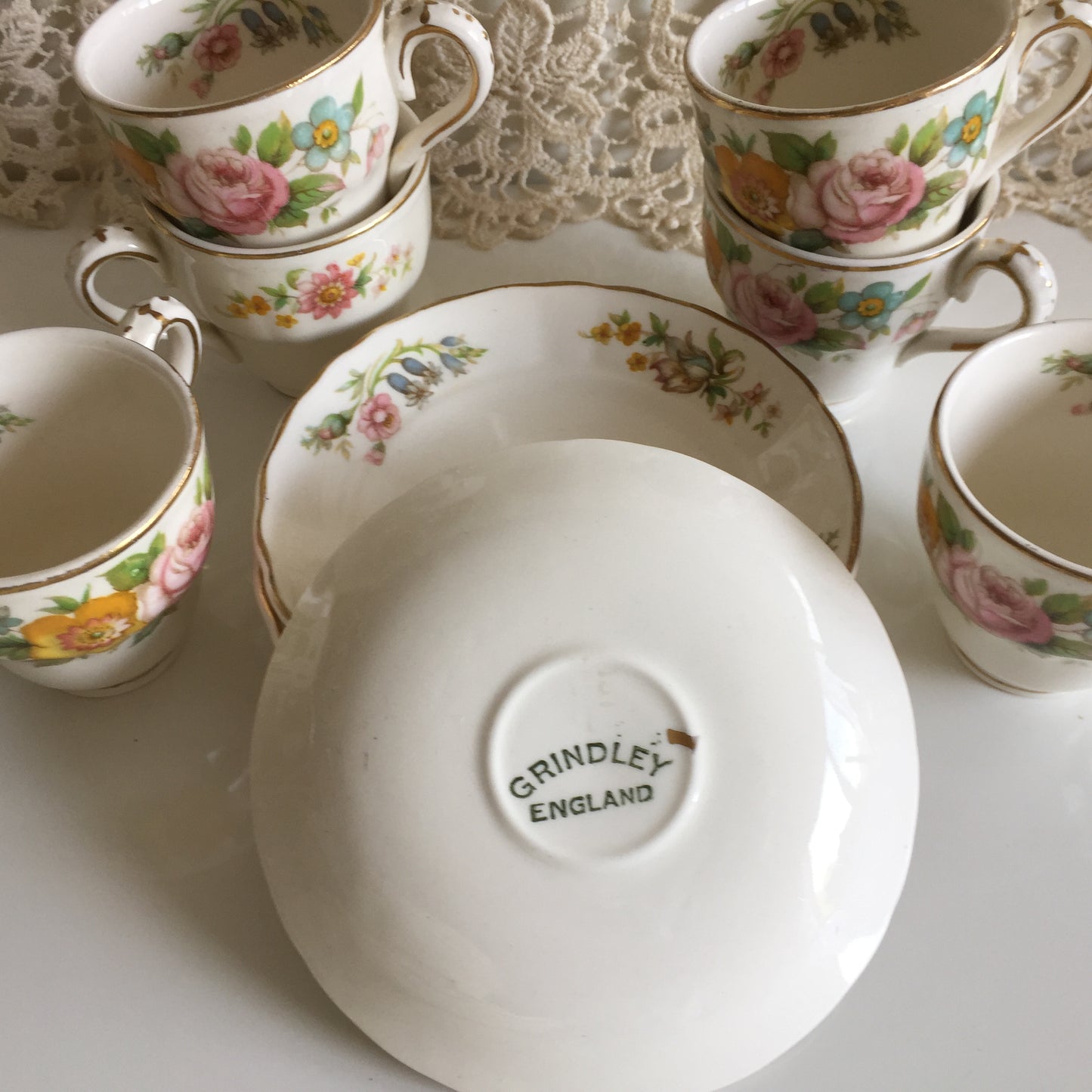 1930's Grindley English Espresso Cup & Saucer Floral Pattern Set of 12 Pcs
