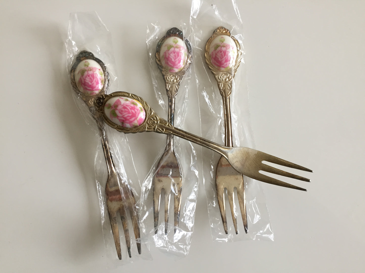 Japanese Stainless Steel Flatware Vintage Set Dessert Forks Cameo Rose Pattern or Plain