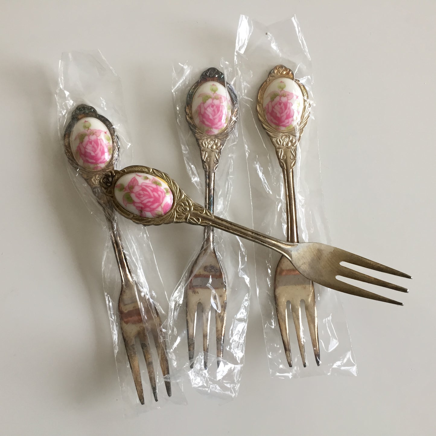 Japanese Stainless Steel Flatware Vintage Set Dessert Forks Cameo Rose Pattern or Plain