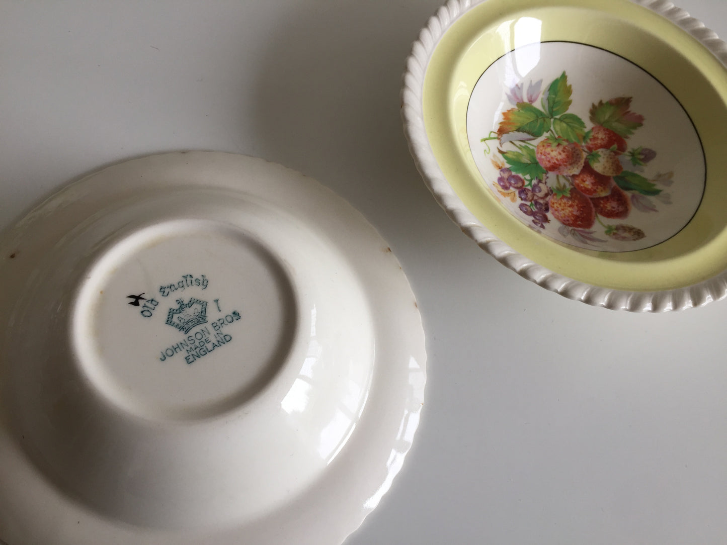 Johnson Brothers Old English Pair of Yellow Strawberry Fruit Compote Bowls