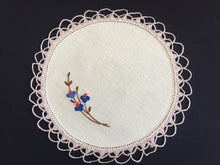 Load image into Gallery viewer, Vintage Hand Embroidered Linen Doily with Blue Flowers &amp; Crochet Lace Edge