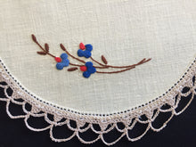Load image into Gallery viewer, Vintage Hand Embroidered Linen Doily with Blue Flowers &amp; Crochet Lace Edge
