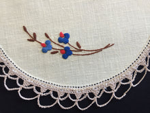 Load image into Gallery viewer, Vintage Hand Embroidered Linen Doily with Blue Flowers &amp; Crochet Lace Edge