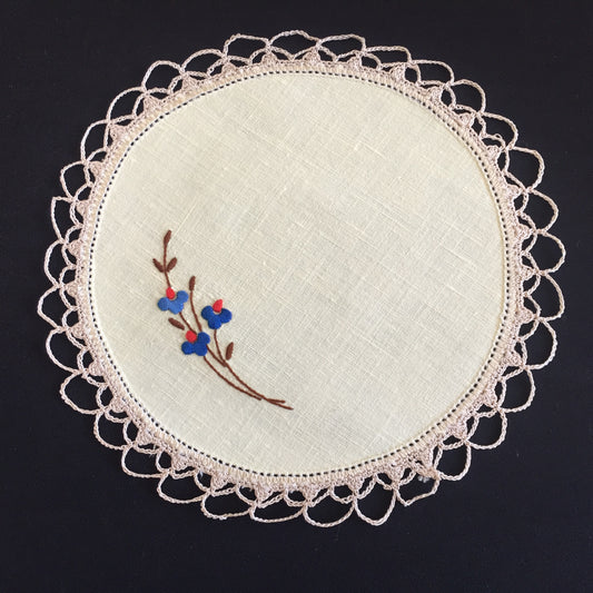 Vintage Hand Embroidered Linen Doily with Blue Flowers & Crochet Lace Edge