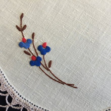 Load image into Gallery viewer, Vintage Hand Embroidered Linen Doily with Blue Flowers &amp; Crochet Lace Edge