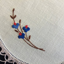 Load image into Gallery viewer, Vintage Hand Embroidered Linen Doily with Blue Flowers &amp; Crochet Lace Edge