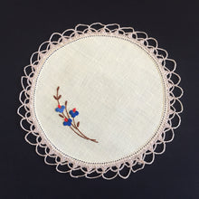 Load image into Gallery viewer, Vintage Hand Embroidered Linen Doily with Blue Flowers &amp; Crochet Lace Edge