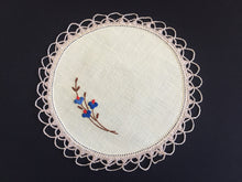 Load image into Gallery viewer, Vintage Hand Embroidered Linen Doily with Blue Flowers &amp; Crochet Lace Edge