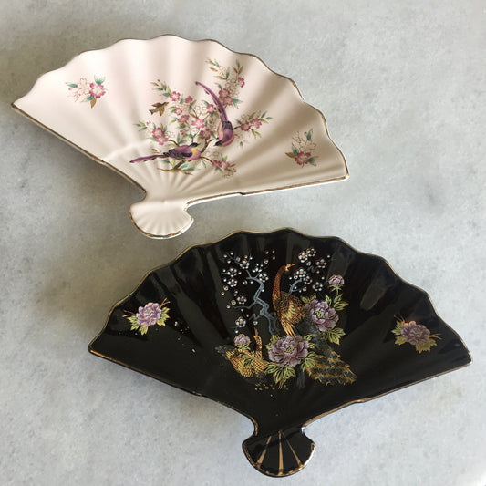 Japanese Porcelain Trinket Plate | Fan Shaped Ring Tray | Oriental Birds, Flowers