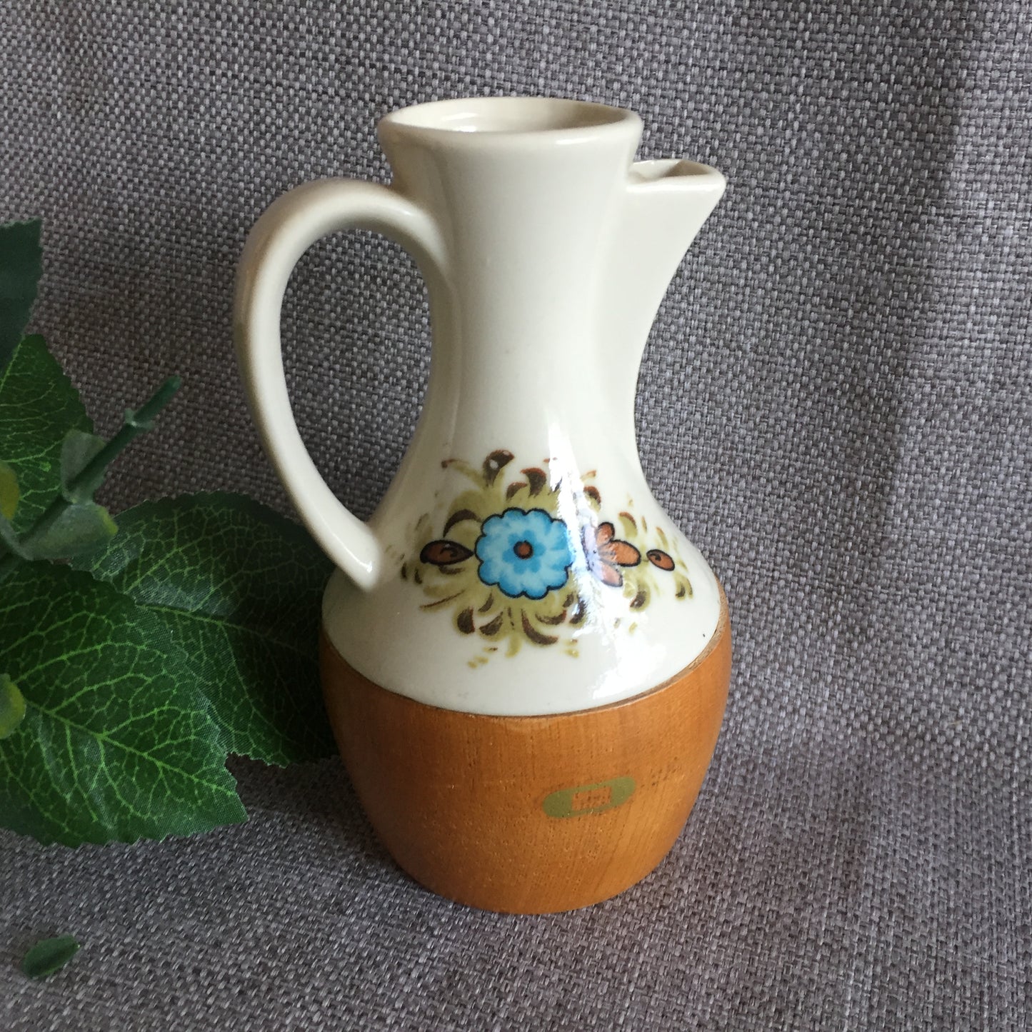 Japanese Made 1970s Vintage Ceramic and Wood Oil Cruet