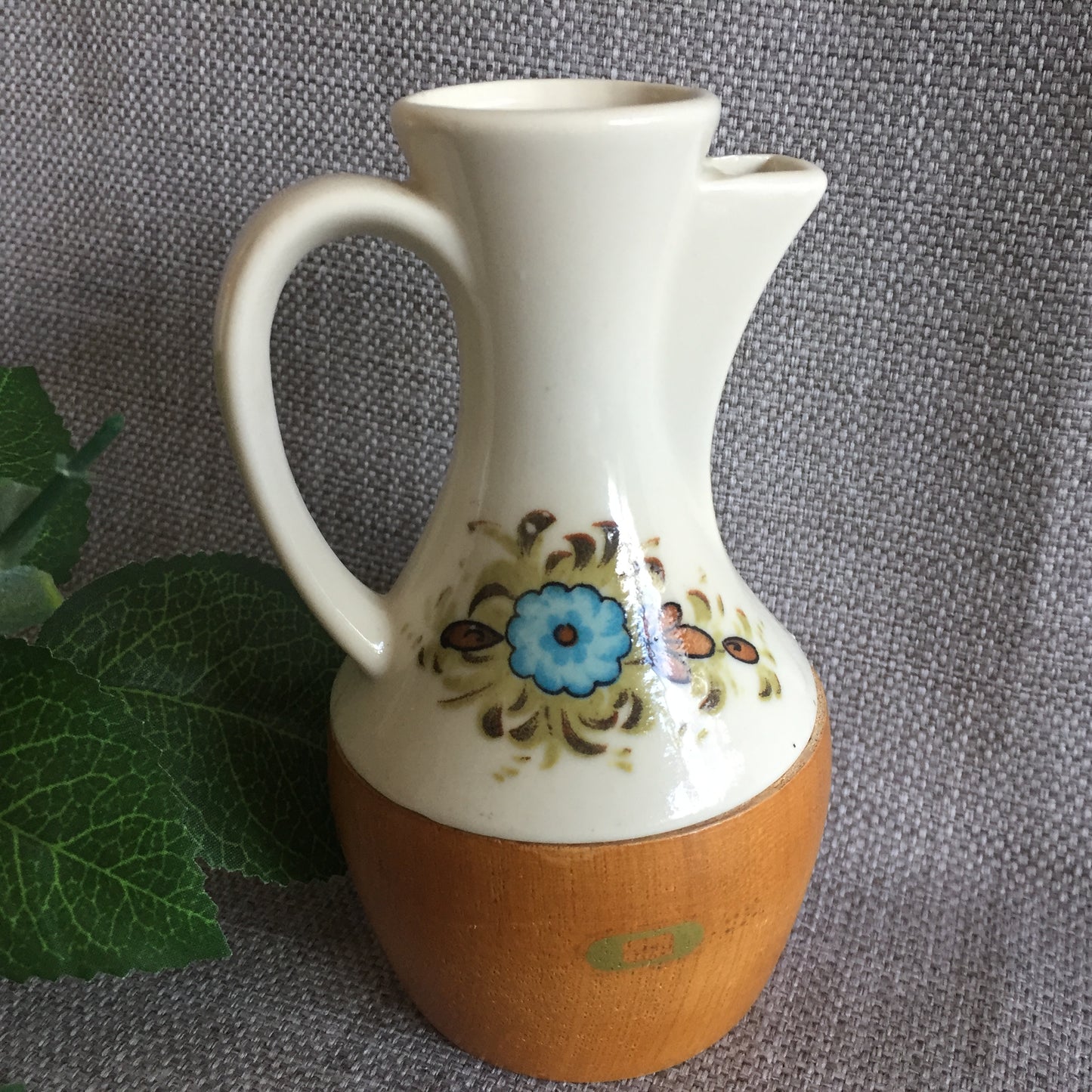 Japanese Made 1970s Vintage Ceramic and Wood Oil Cruet