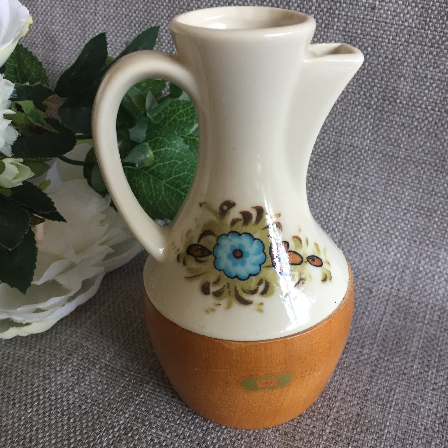 Japanese Made 1970s Vintage Ceramic and Wood Oil Cruet
