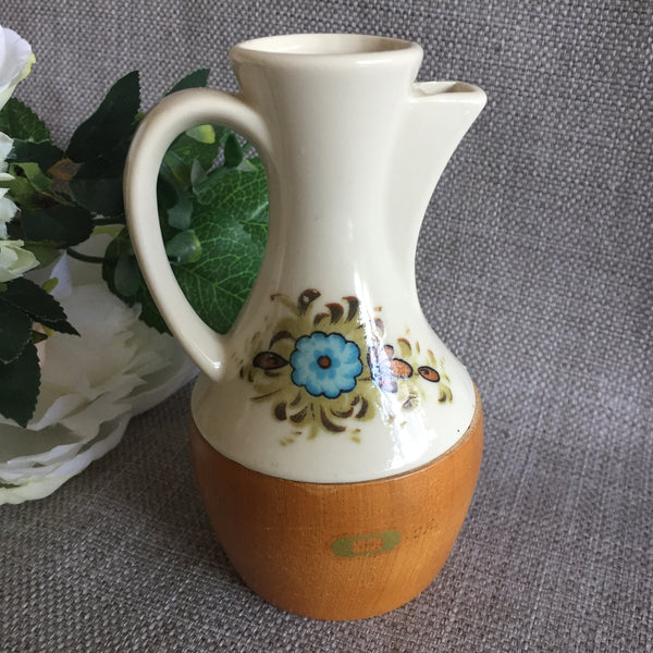 Japanese Made 1970s Vintage Ceramic and Wood Oil Cruet