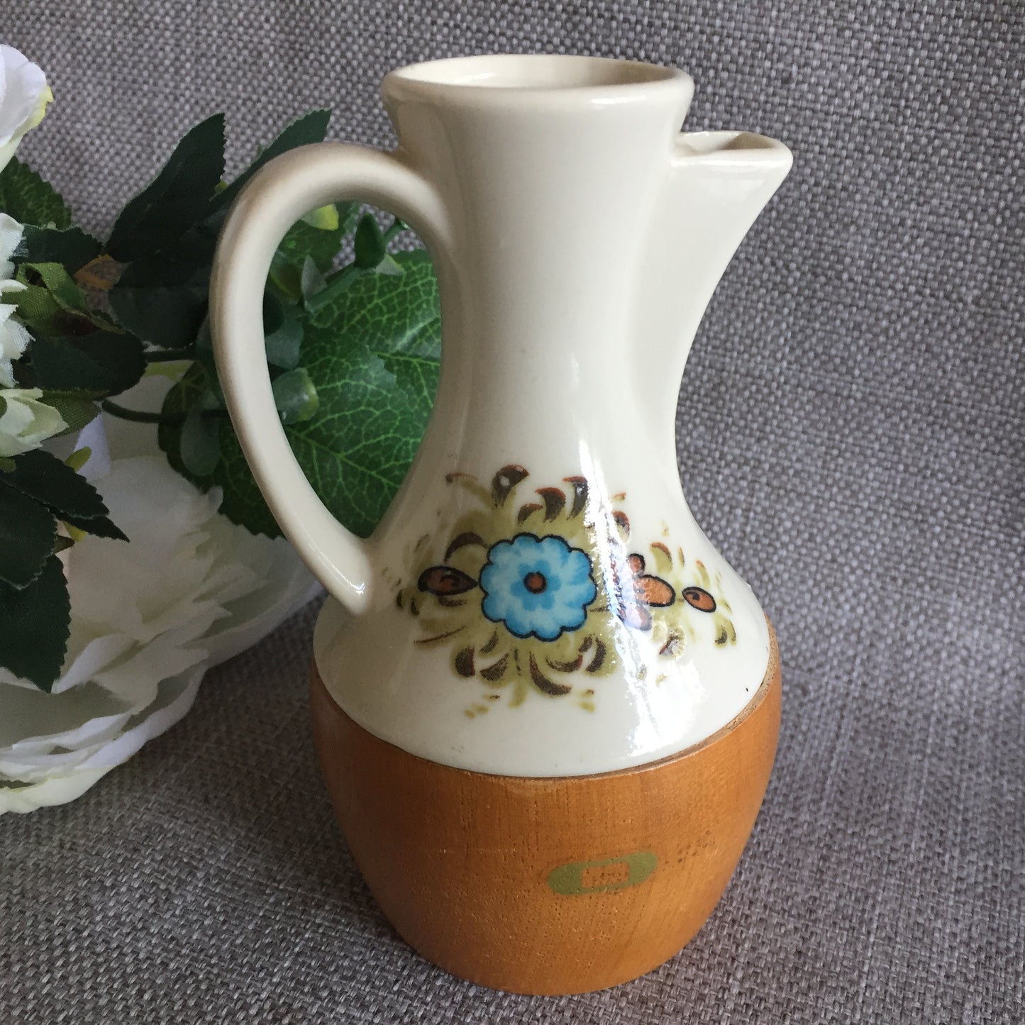 Japanese Made 1970s Vintage Ceramic and Wood Oil Cruet
