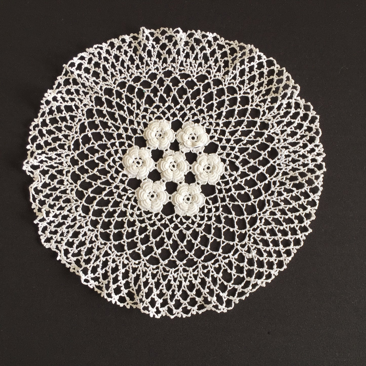 Vintage Crocheted Cotton Lace Doily with 3 Dimensional Irish Roses Pattern