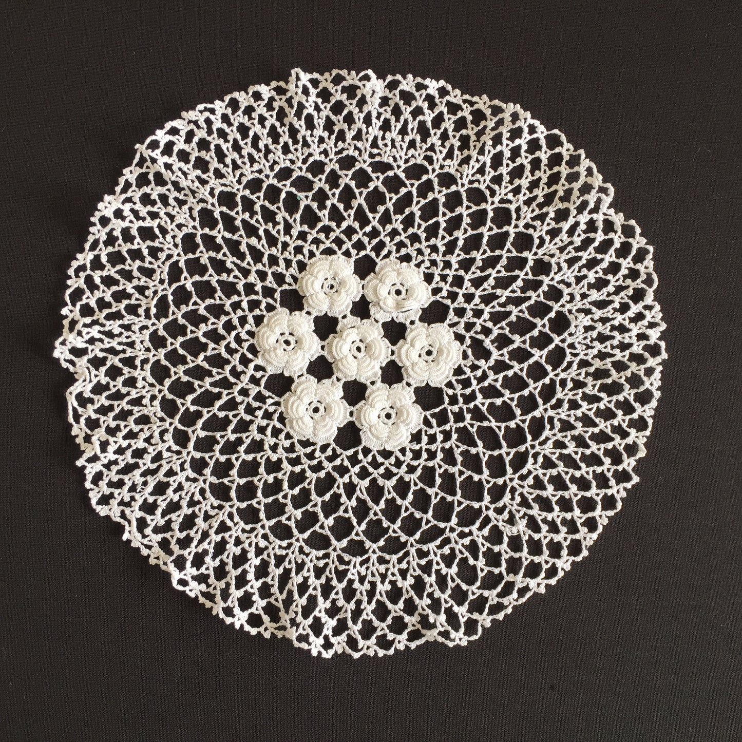 Vintage Crocheted Cotton Lace Doily with 3 Dimensional Irish Roses Pattern
