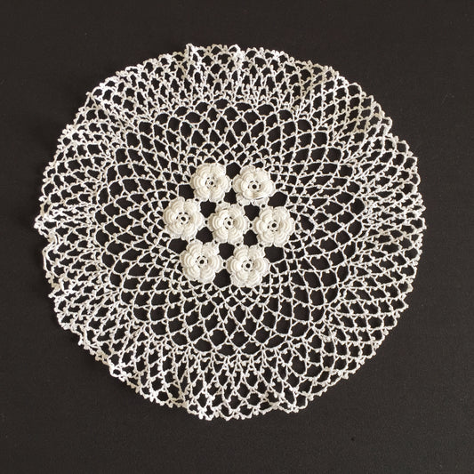 Vintage Crocheted Cotton Lace Doily with 3 Dimensional Irish Roses Pattern