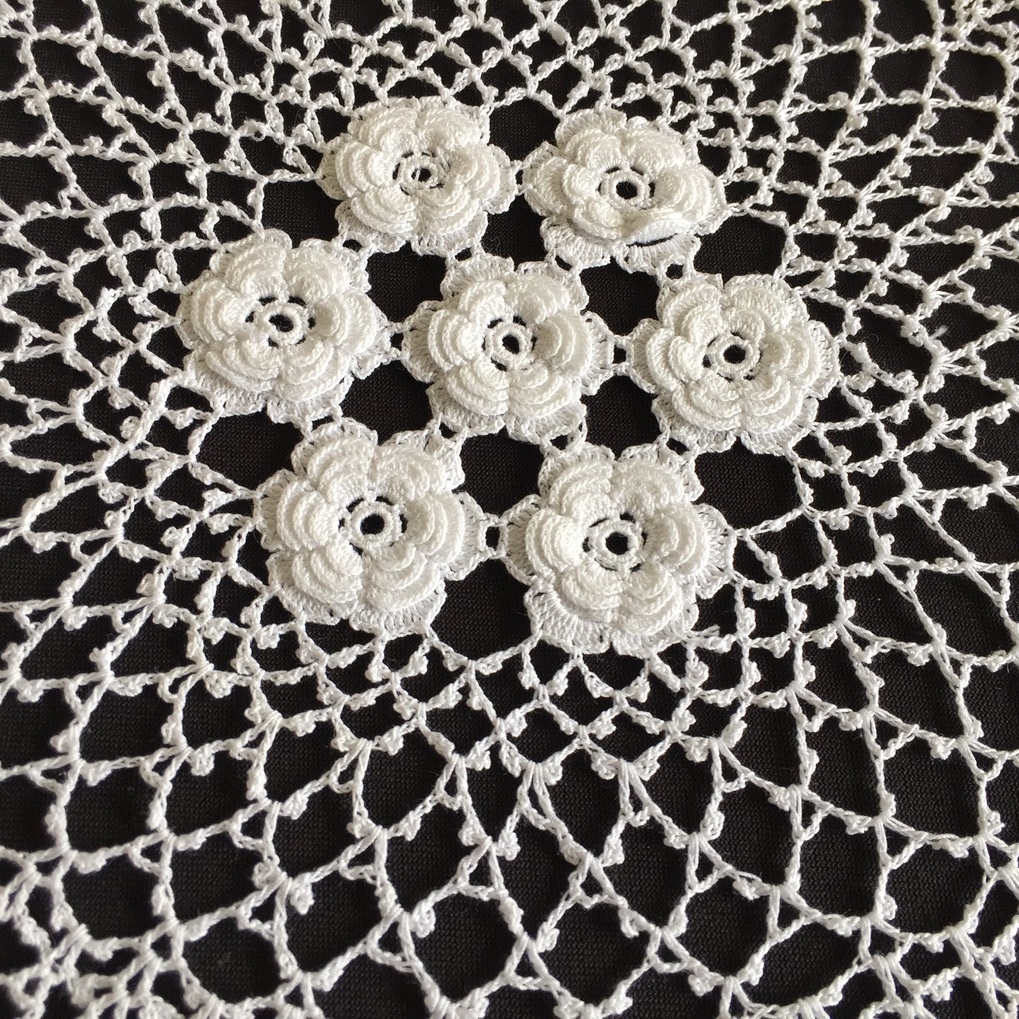 Vintage Crocheted Cotton Lace Doily with 3 Dimensional Irish Roses Pattern