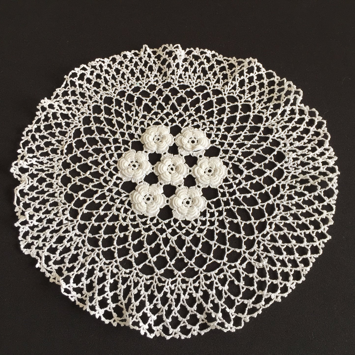 Vintage Crocheted Cotton Lace Doily with 3 Dimensional Irish Roses Pattern
