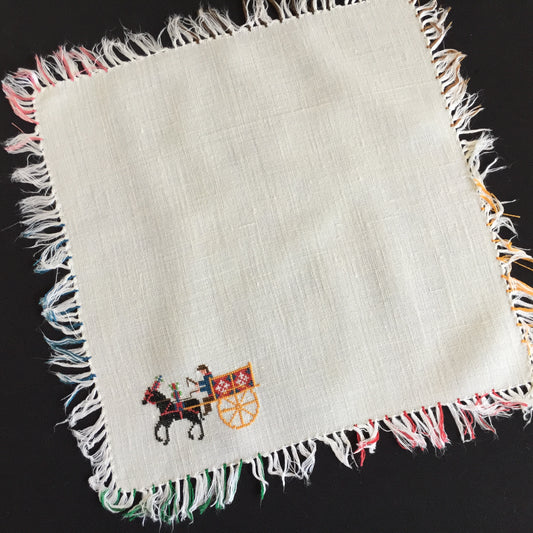 Cross Stitch Embroidered Reusable Vintage Cotton Napkin with Fringe