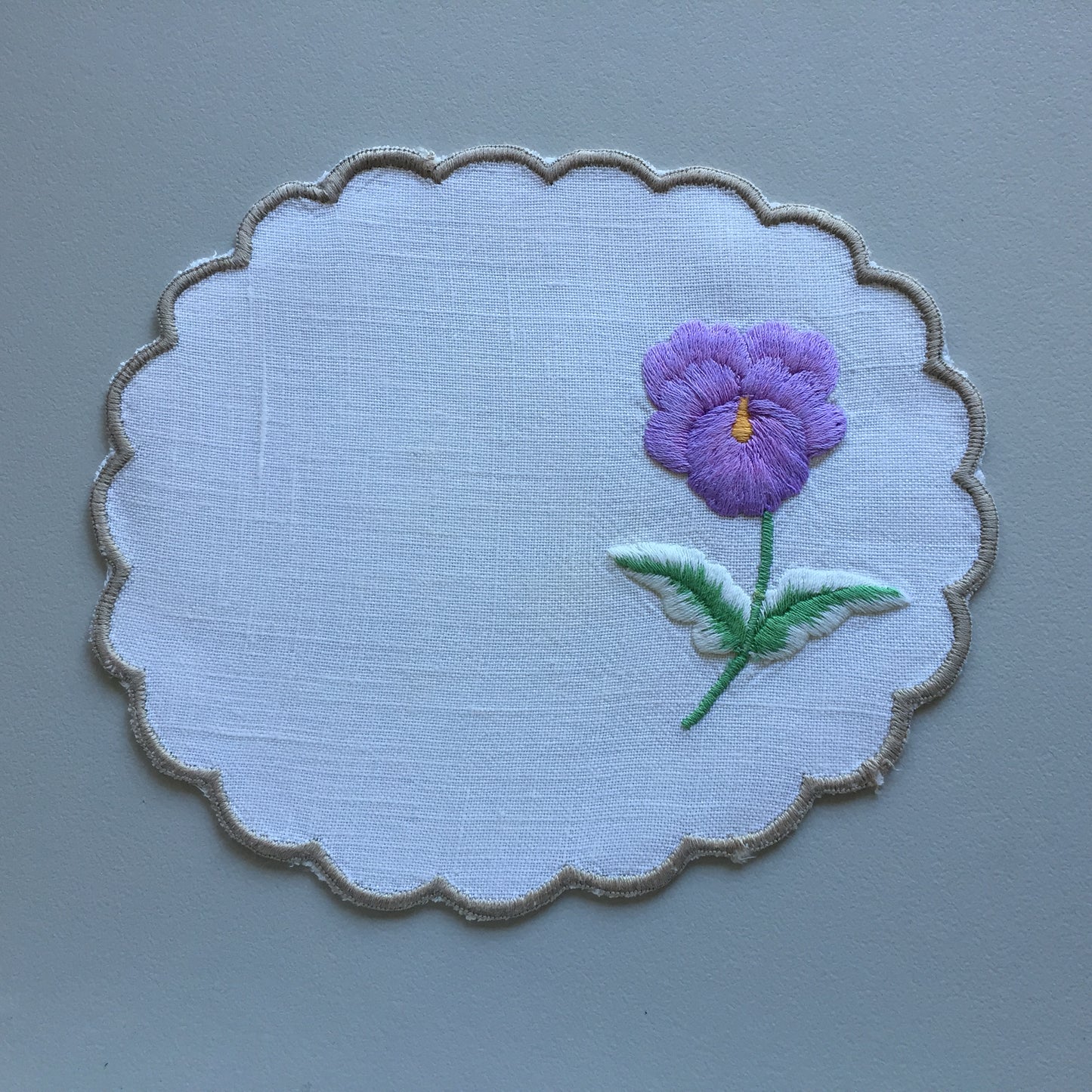 Vintage Embroidered Linen Doily with Purple Flower & Scalloped Edge