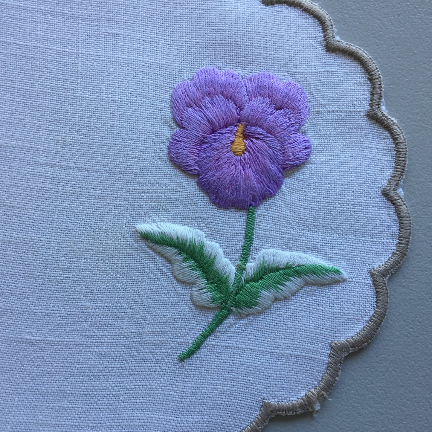 Vintage Embroidered Linen Doily with Purple Flower & Scalloped Edge