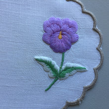 Load image into Gallery viewer, Vintage Embroidered Linen Doily with Purple Flower &amp; Scalloped Edge