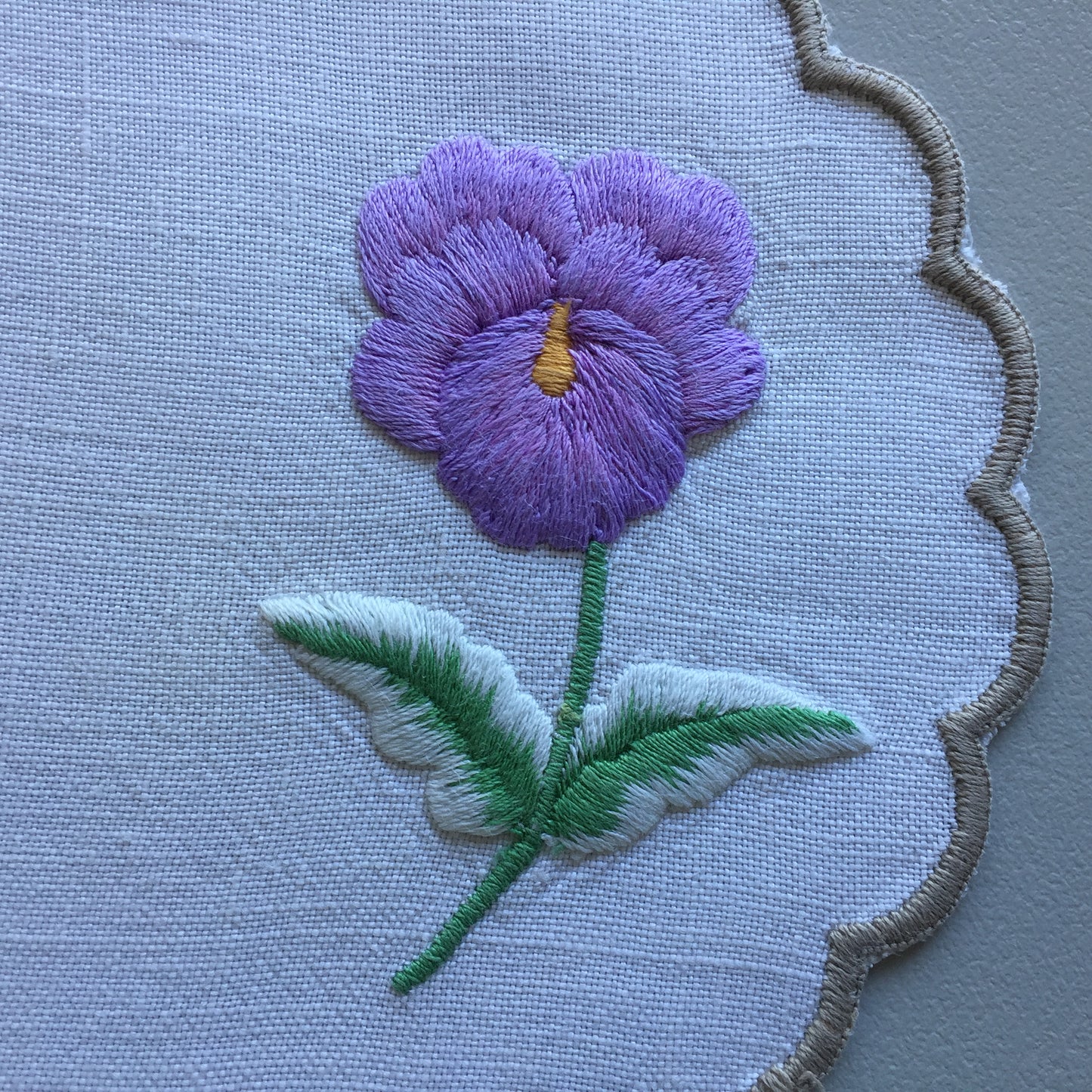 Vintage Embroidered Linen Doily with Purple Flower & Scalloped Edge
